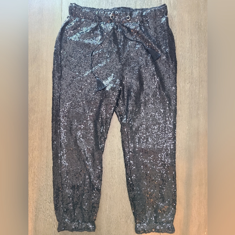 Women's Sequin Joggers, High Waist, Size XXL, Black